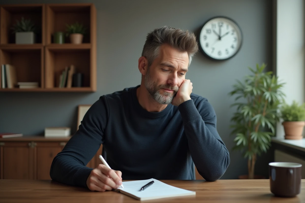 Homme contemplant une horloge murale affichant 14h14 dans un bureau à domicile chaleureux