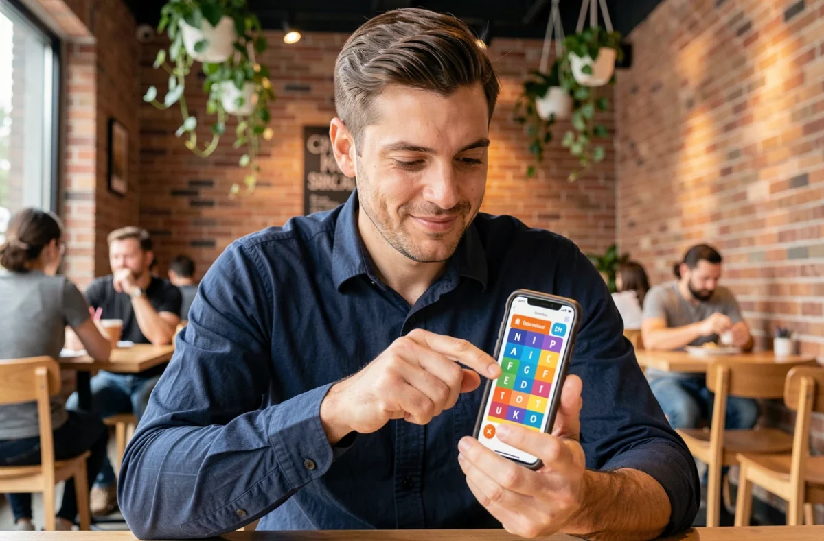 Homme jouant à un jeu de mots sur smartphone dans un café moderne, illustrant l'utilisation de Codycross pour enrichir son vocabulaire au quotidien