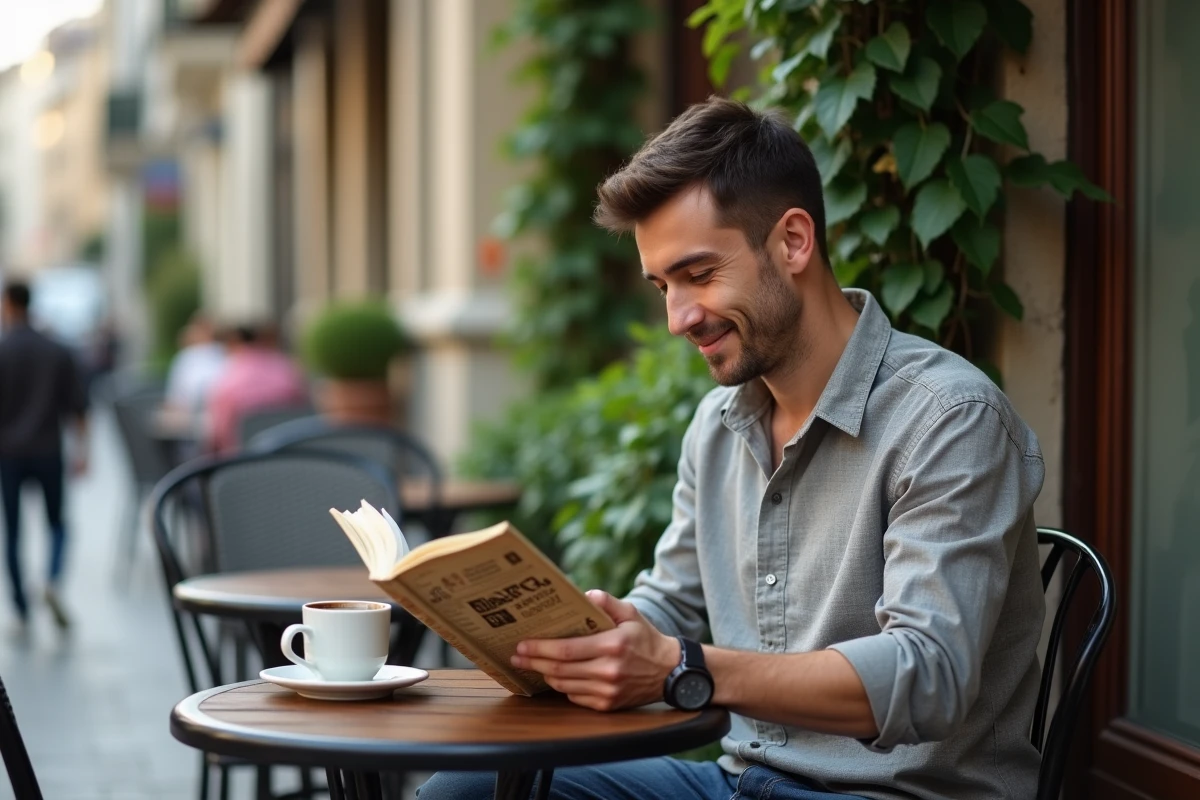 Homme adulte lisant un manga pour débutants en terrasse de café parisien avec une tasse de café posée sur la table