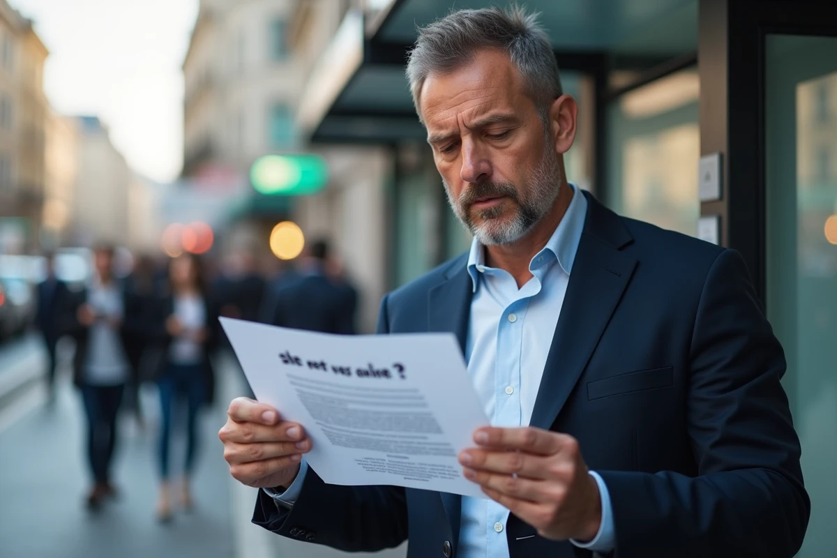 Homme en blazer lit une question de français dans la rue