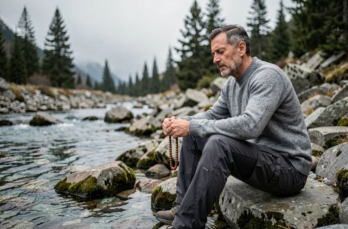 Homme en pleine nature récitant un mantra avec un mala de bois au bord d'un ruisseau