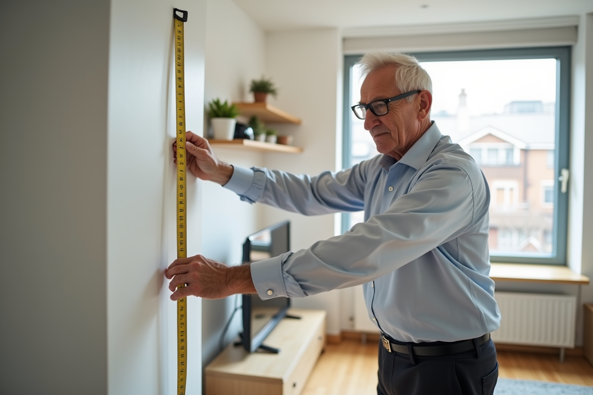 Homme âgé mesure un petit salon avec un mètre ruban