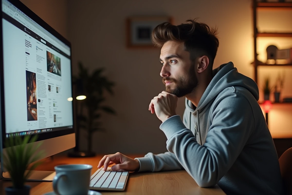 Jeune homme parcourant un fil de contenu sur Reddit depuis son bureau à domicile, illustrant l'usage classique de la navigation sociale en ligne