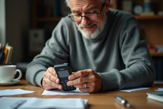 Homme d'âge mûr tenant un ancien Nokia 3310 et l'examinant avec attention sur un bureau encombré
