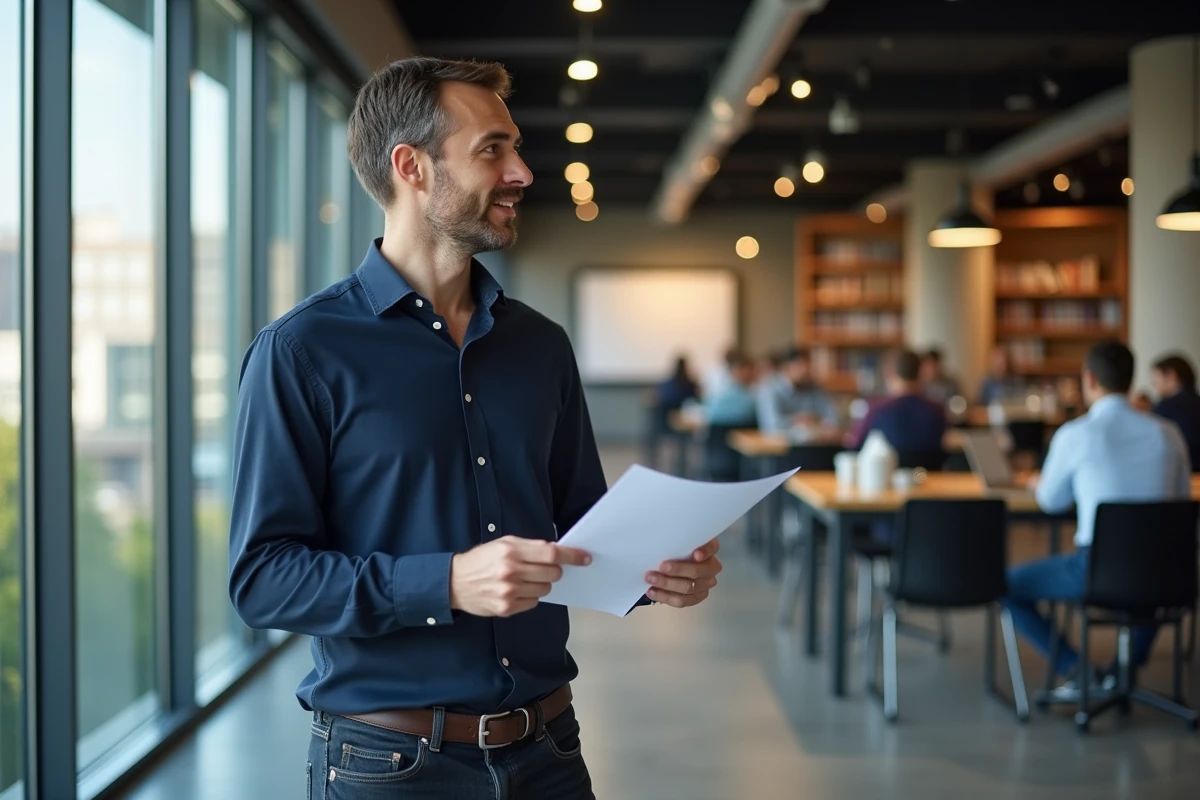 Homme tenant un plan de reconversion professionnelle dans un espace de coworking moderne, réfléchissant à sa transition de carrière