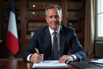 Homme politique français en costume bleu dans son bureau