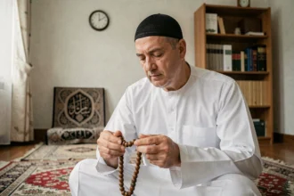 Homme en prière sur un tapis traditionnel dans un appartement à Rennes, tenant un chapelet islamique avec une horloge visible en arrière-plan