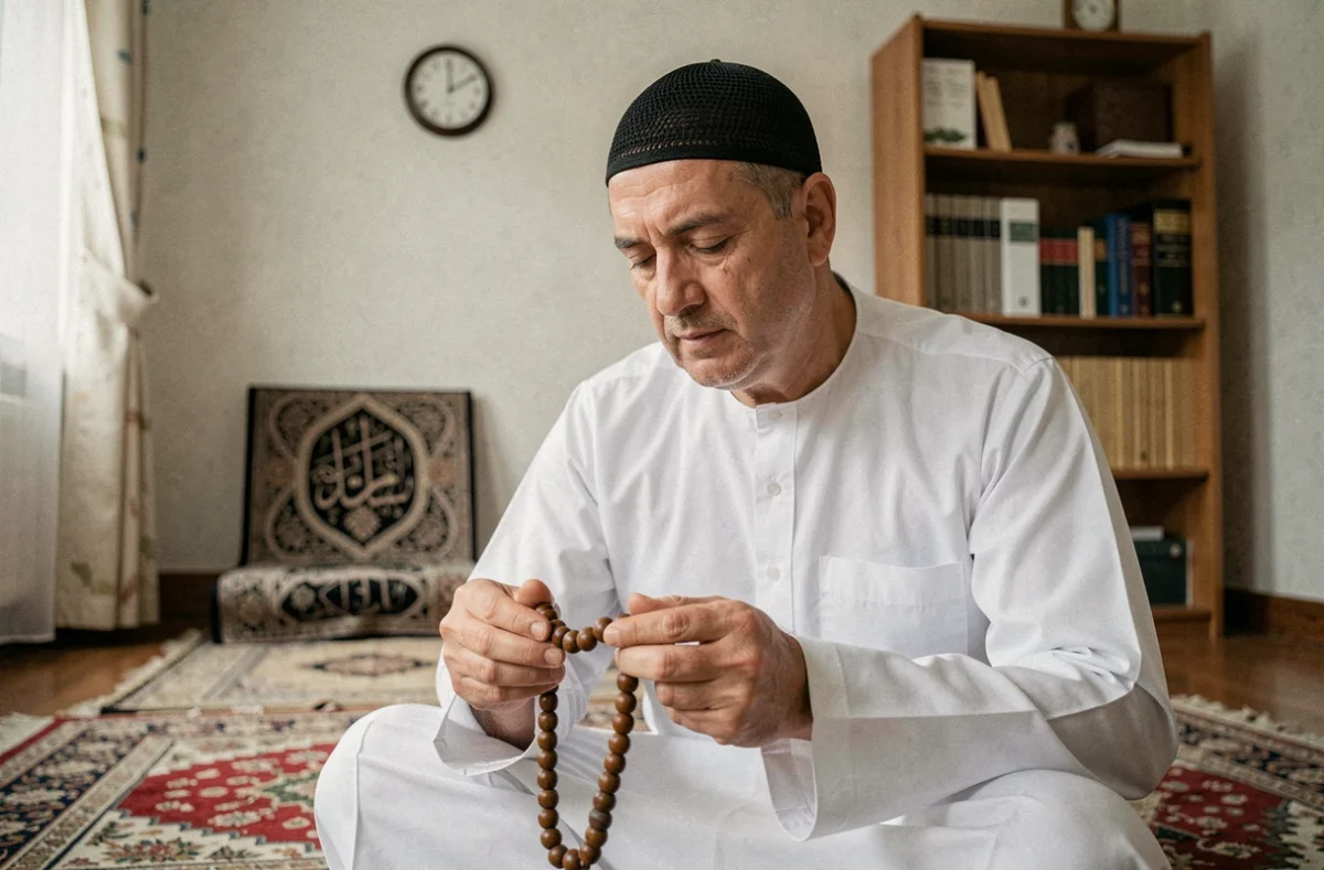 Homme en prière sur un tapis traditionnel dans un appartement à Rennes, tenant un chapelet islamique avec une horloge visible en arrière-plan