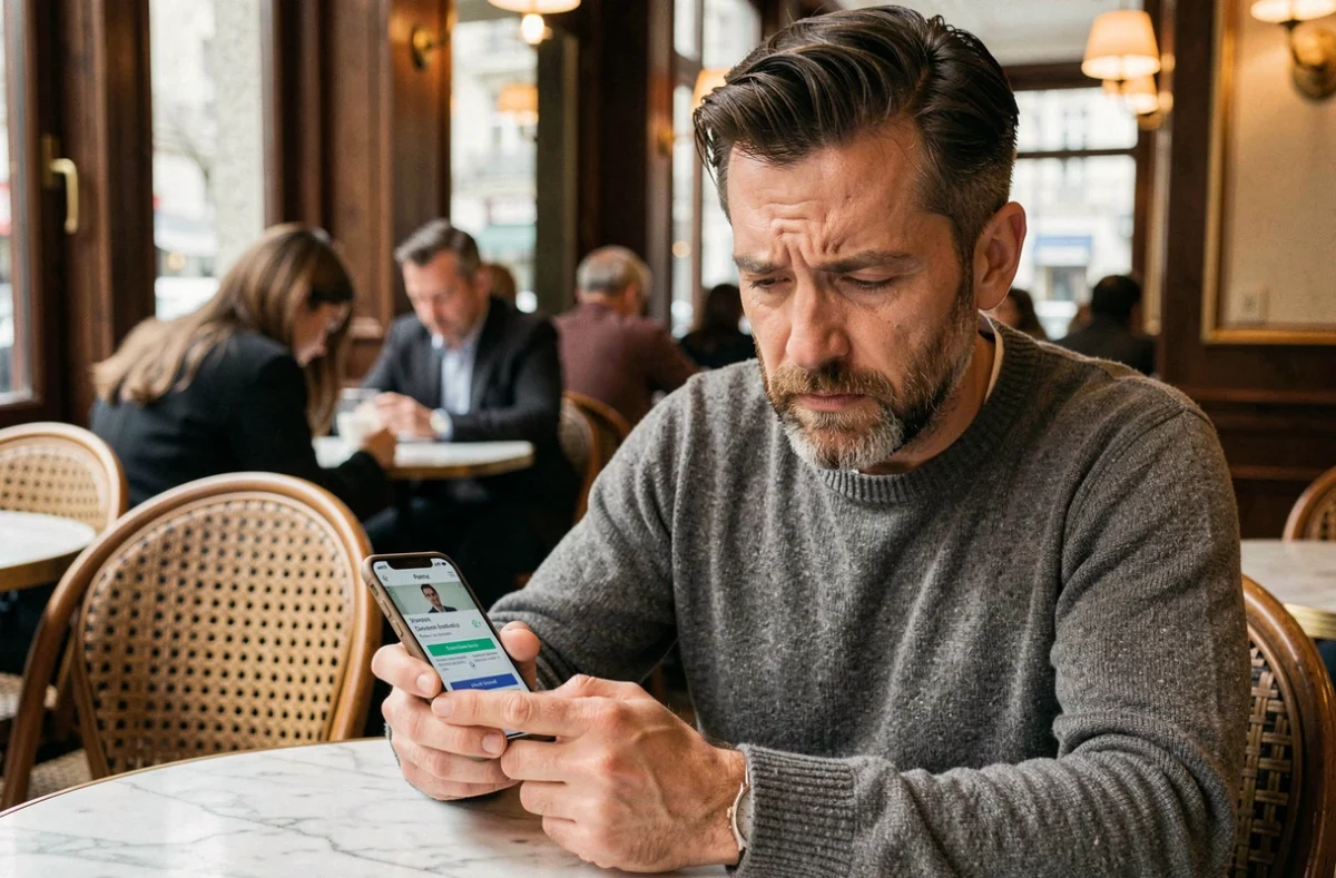 Homme consultant un quiz de parti politique sur smartphone dans un café parisien