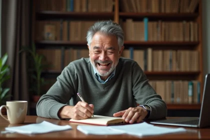 Homme souriant dans un bureau cosy en home office