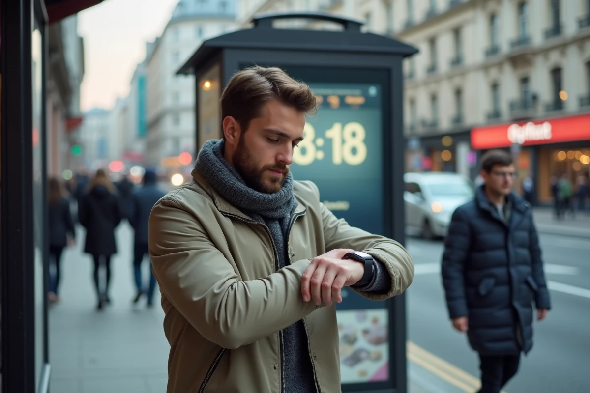 Jeune homme vérifiant sa montre connectée dans la rue urbaine