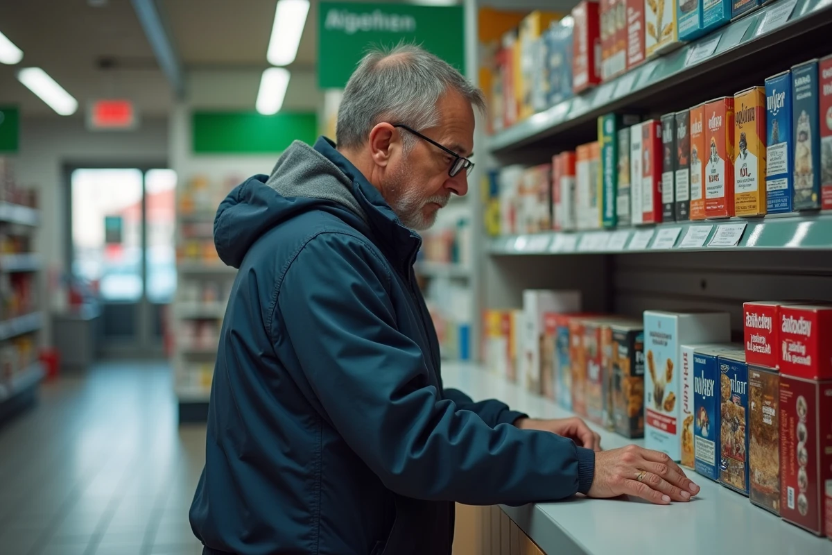 Homme d'âge moyen examinant des cartons de tabac au comptoir
