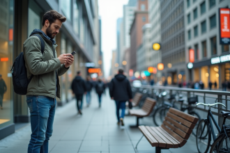 Homme en ville regardant son smartphone dans la rue