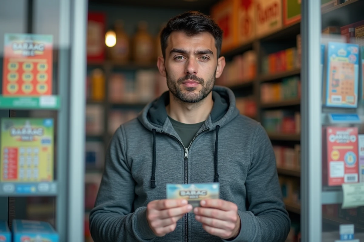Homme tenant un ticket à gratter FDJ dans un tabac français