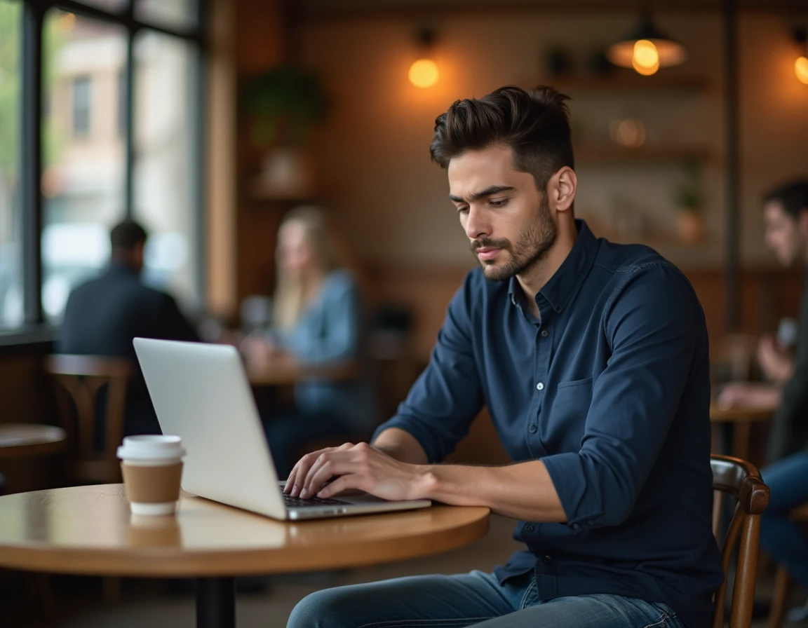 Jeune homme timide dans un café regardant son ordinateur, hésitant à engager une conversation sur un tchat en ligne comme Chérie FM