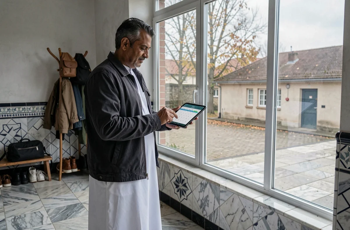 Homme consultant les horaires de prière sur une tablette numérique dans l'entrée d'une mosquée de Tourcoing en automne