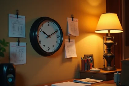 Horloge analogique murale affichant 22h avec tableau de conversion des fuseaux horaires imprimé épinglé à côté