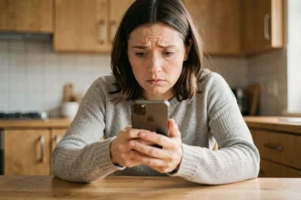 Femme consultant son smartphone pour identifier un numéro de portable inconnu dans une cuisine moderne