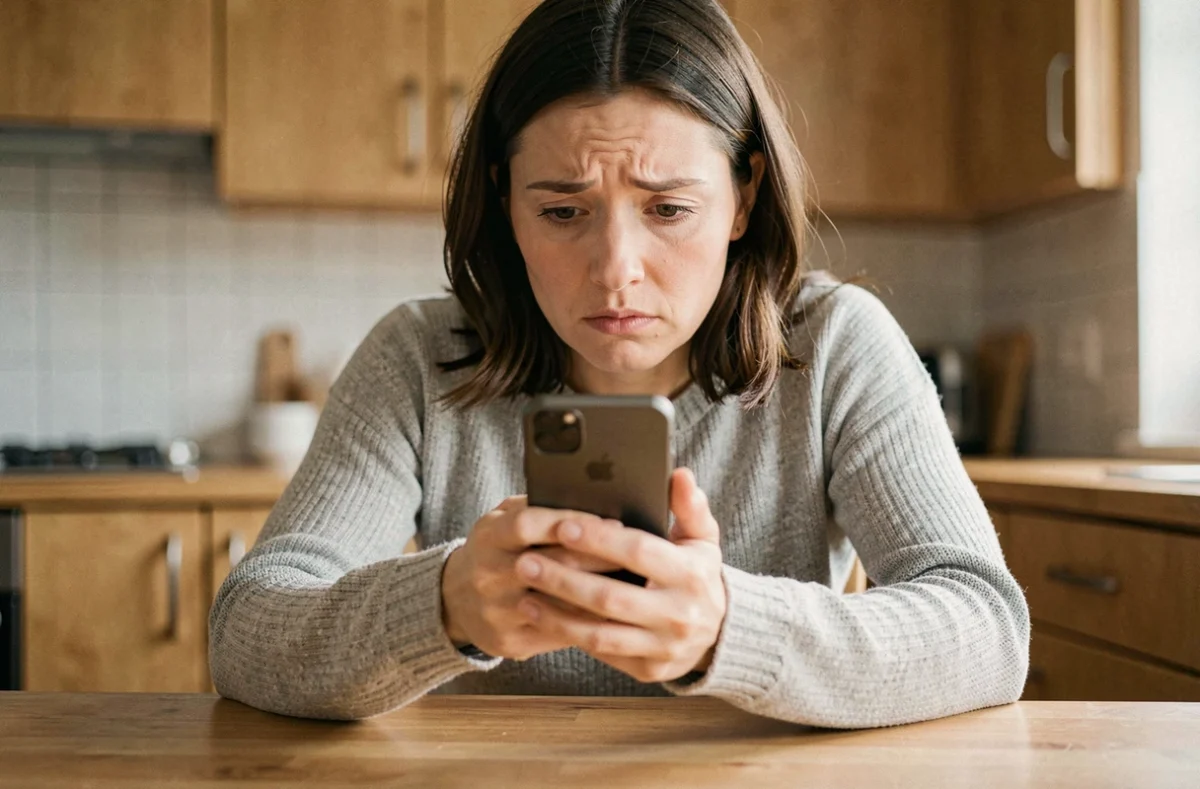 Femme consultant son smartphone pour identifier un numéro de portable inconnu dans une cuisine moderne