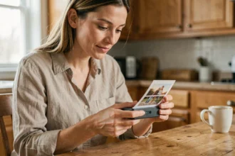 Femme tenant une imprimante photo portable au-dessus d'une table en bois dans une cuisine moderne