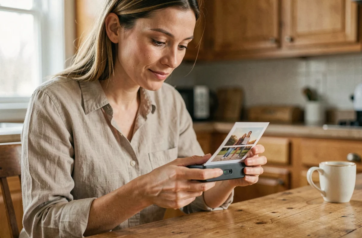 Femme tenant une imprimante photo portable au-dessus d'une table en bois dans une cuisine moderne