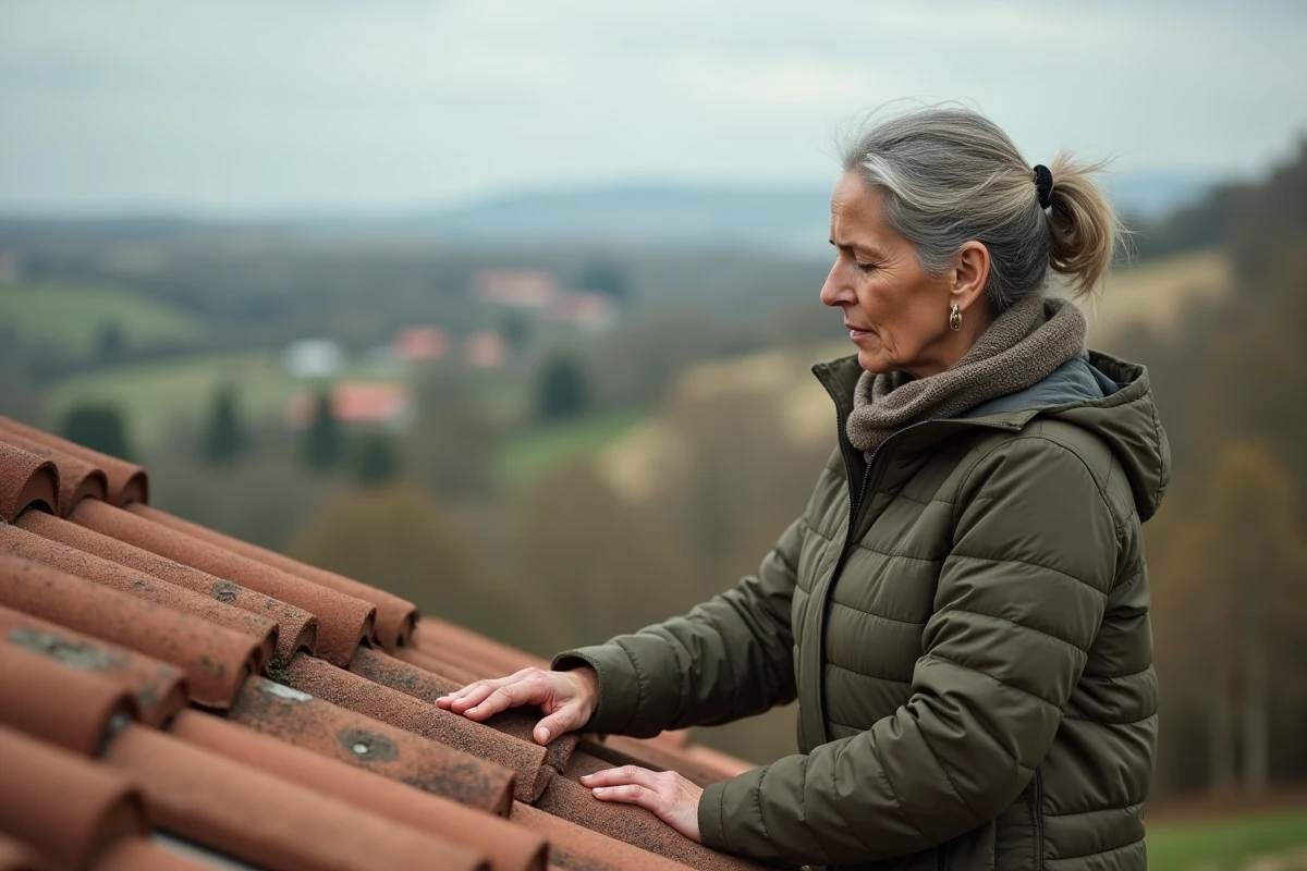 Femme inspectant des tuiles endommagées sur le toit