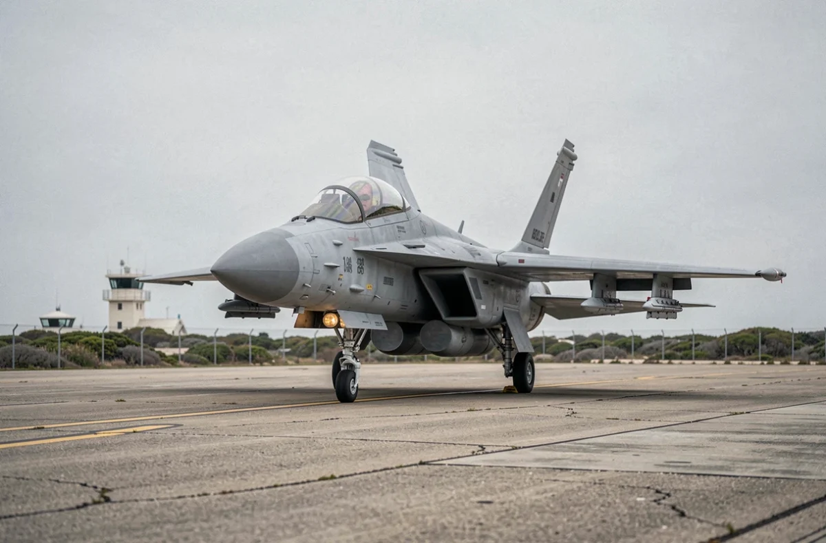 Jet militaire au sol sur une piste côtière, image emblématique de l'univers Top Gun au cinéma