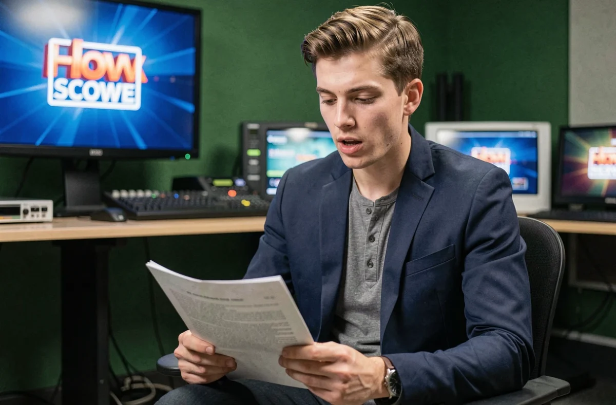 Jeune acteur en loge de plateau télévisé révisant son texte avant le tournage