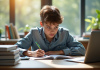 Jeune adulte étudiant concentré à son bureau lumineux