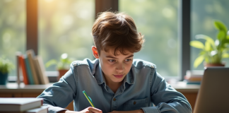 Jeune adulte étudiant concentré à son bureau lumineux