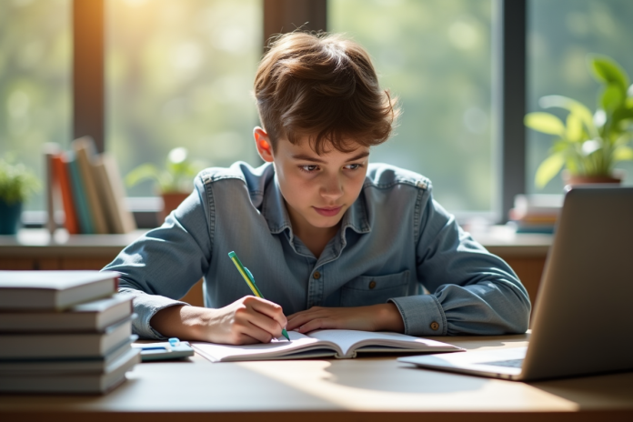 Jeune adulte étudiant concentré à son bureau lumineux