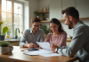 Jeune couple discutant de documents de prêt immobilier dans une cuisine lumineuse