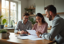 Jeune couple discutant de documents de prêt immobilier dans une cuisine lumineuse
