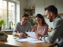 Jeune couple discutant de documents de prêt immobilier dans une cuisine lumineuse