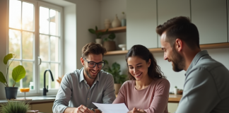 Jeune couple discutant de documents de prêt immobilier dans une cuisine lumineuse