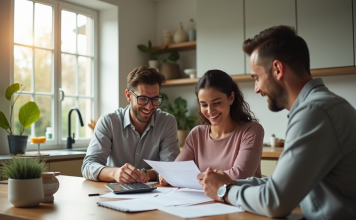 Renégocier son taux immobilier : conditions et timing idéal Jeune couple discutant de documents de prêt immobilier dans une cuisine lumineuse
