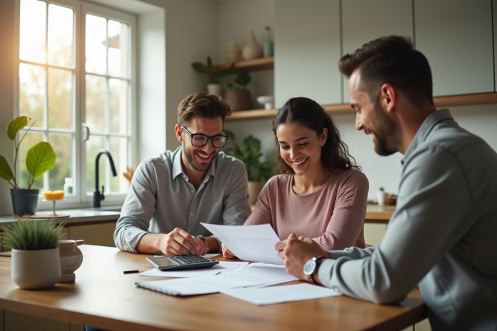Jeune couple discutant de documents de prêt immobilier dans une cuisine lumineuse