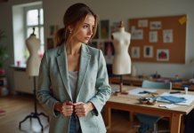Jeune femme designer ajustant un vêtement dans son atelier créatif