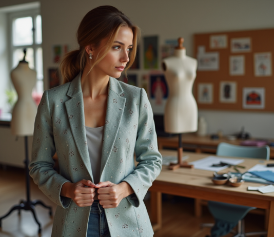 Jeune femme designer ajustant un vêtement dans son atelier créatif
