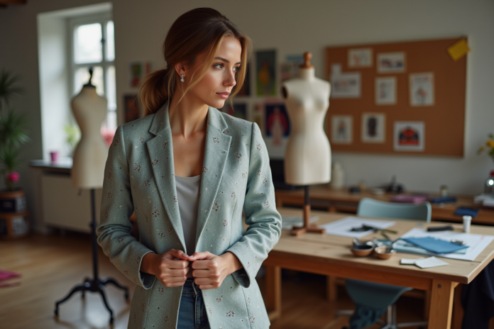 Jeune femme designer ajustant un vêtement dans son atelier créatif
