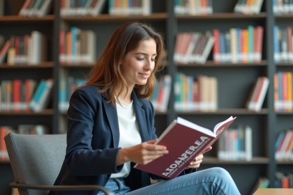 Jeune femme compare deux brochures universitaires dans une bibliothèque