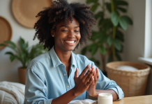 Soin hydratant pour cheveux frisés : les meilleurs produits pour des boucles sublimes Jeune femme noire appliquant une creme capillaire naturelle