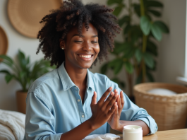 Jeune femme noire appliquant une creme capillaire naturelle