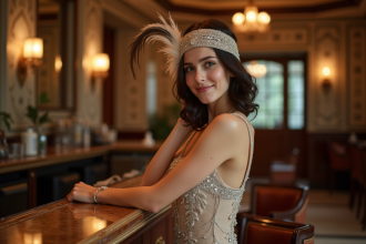Jeune femme en robe flapper vintage dans un lounge art deco