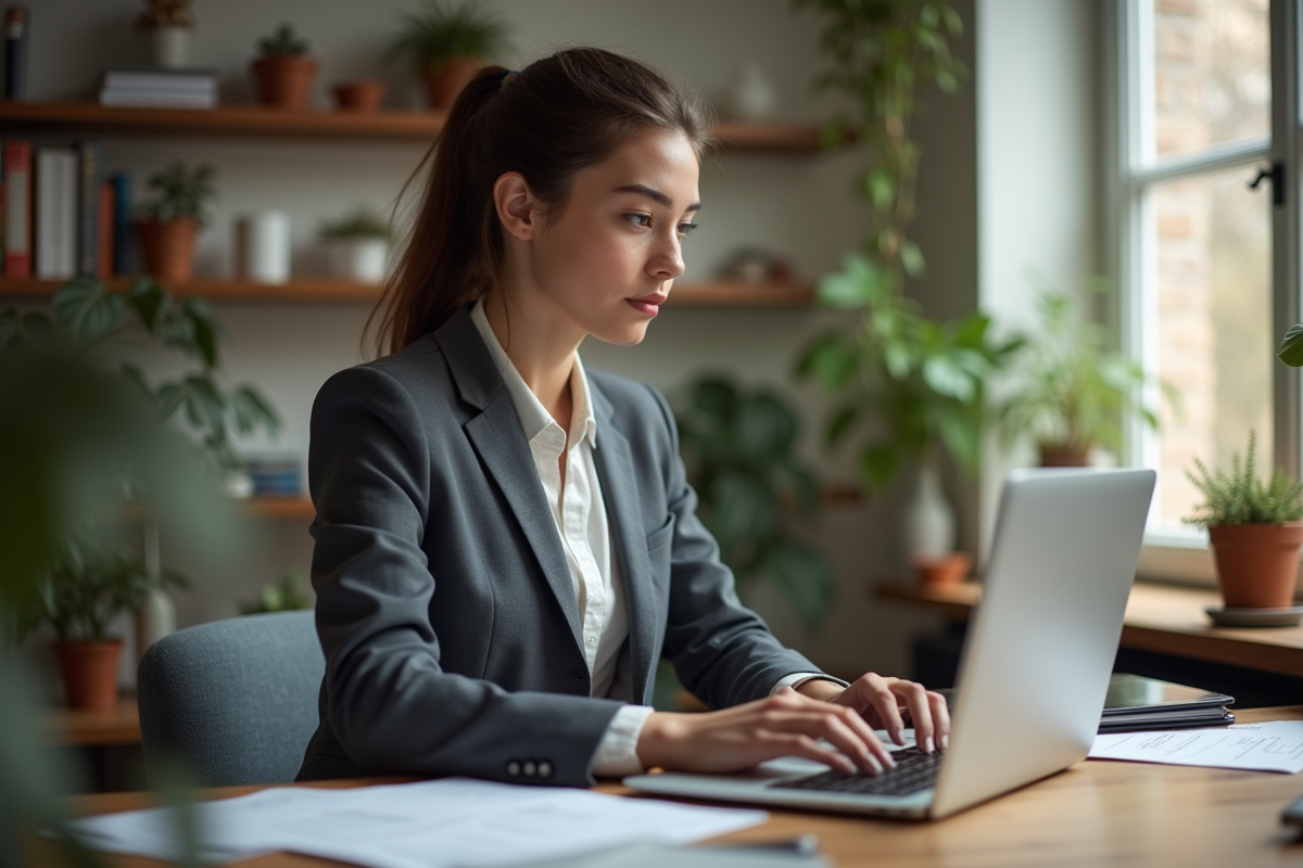 Jeune femme concentrée analysant des graphiques d