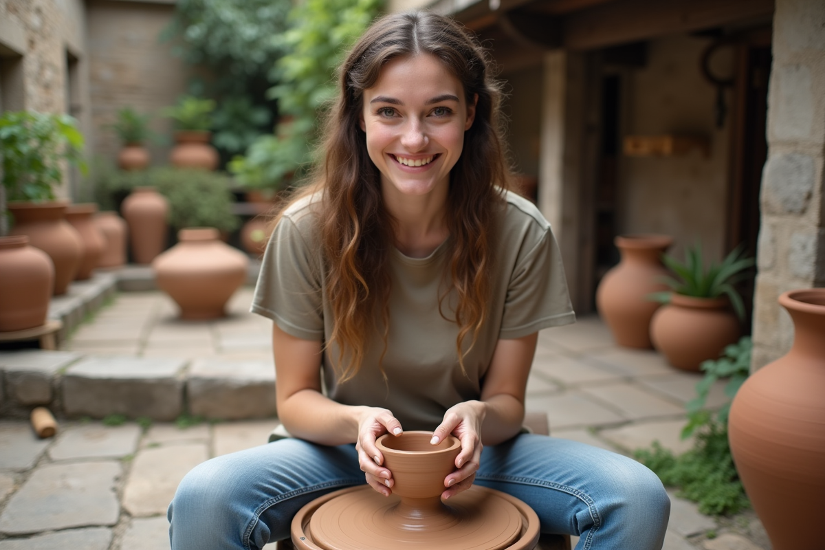 Jeune femme céramiste façonnant de l