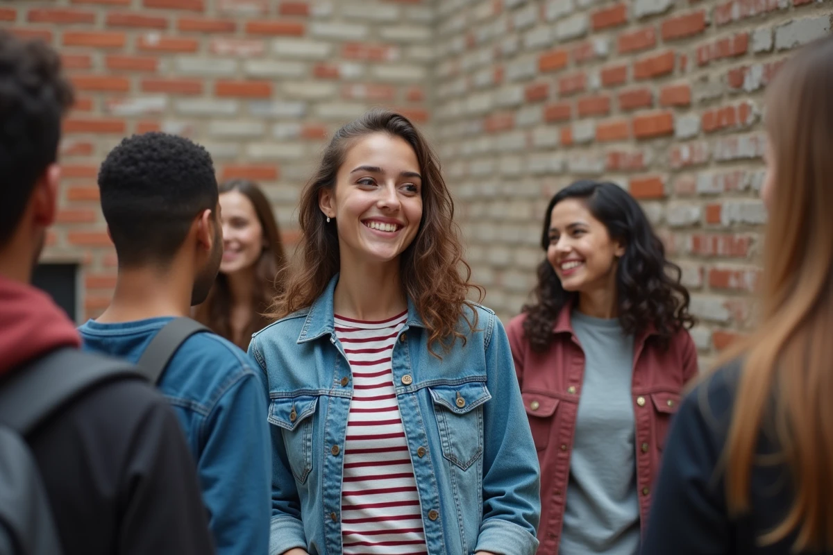 Jeune femme racontant une blague dans une place urbaine
