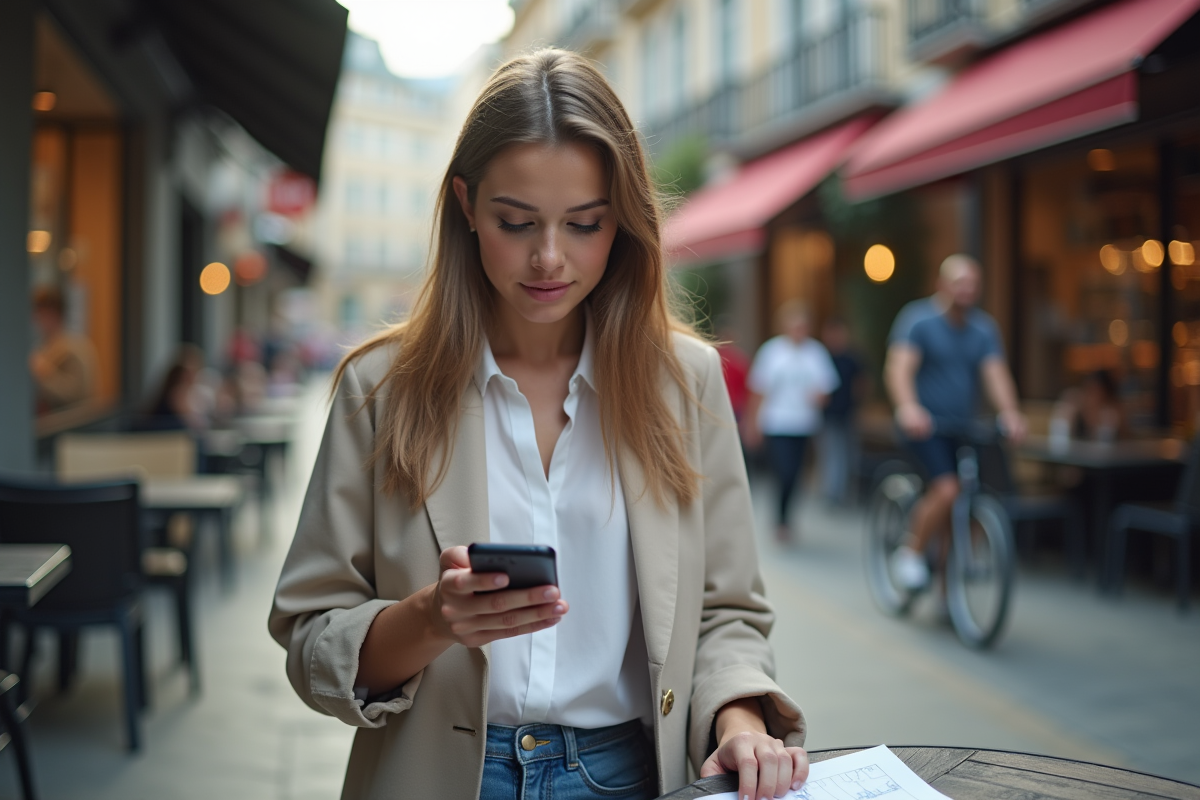 Jeune femme avec smartphone affichant un graphique en extérieur