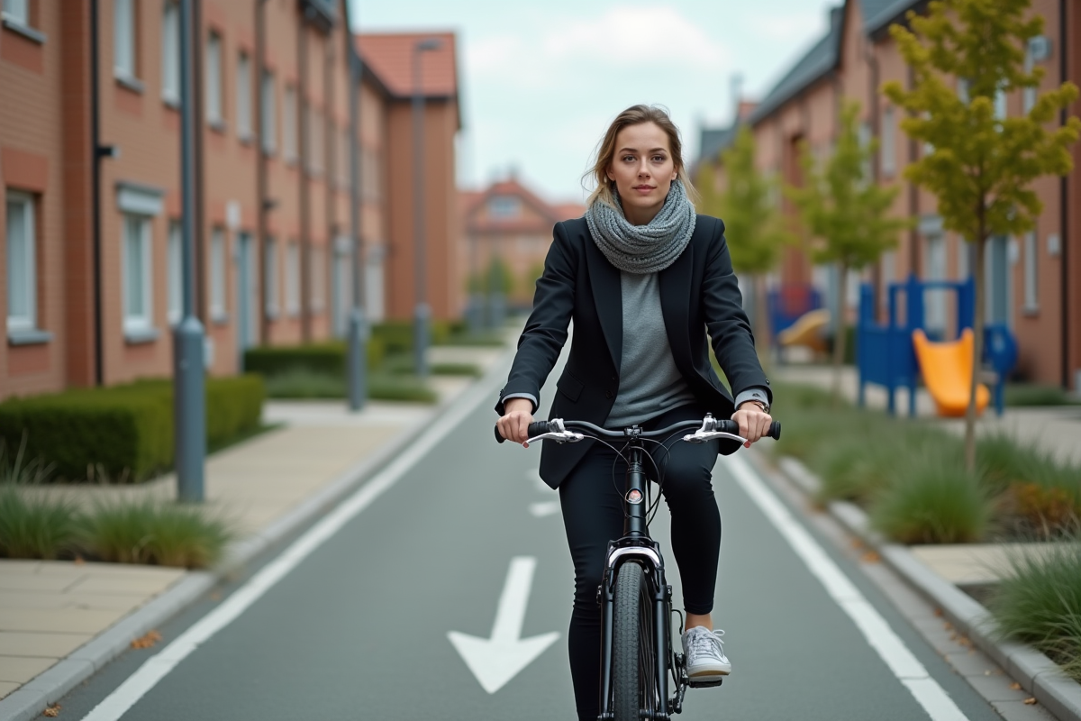 Jeune femme professionnelle à vélo dans quartier résidentiel