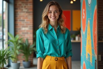 Jeune femme en blouse teal et jupe moutarde devant un mur coloré